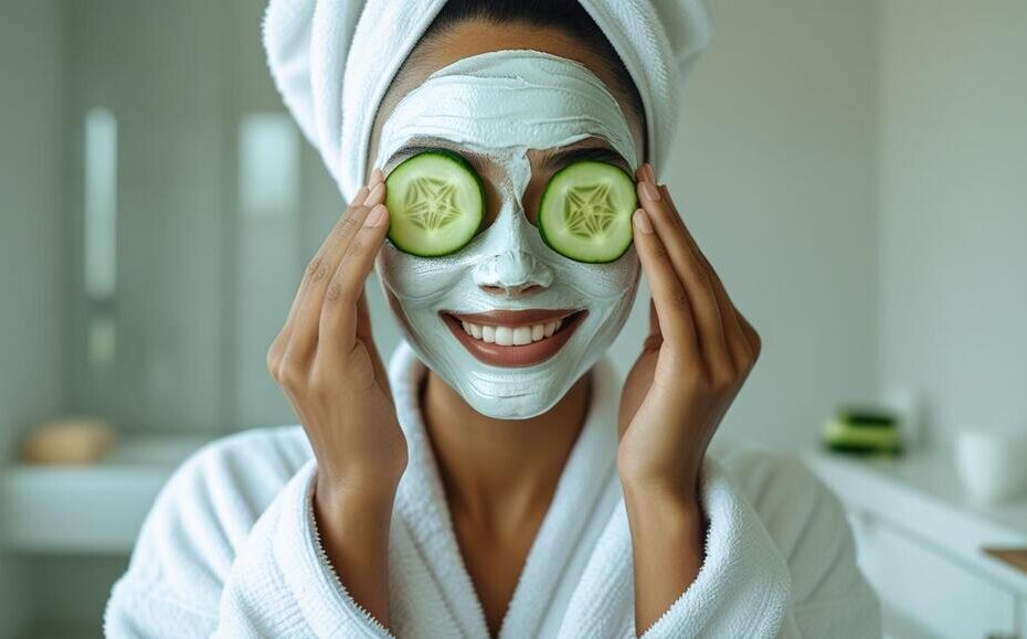 Clean Beauty, mulher alegre fazendo uma mascara facial com pepinos nos olhos