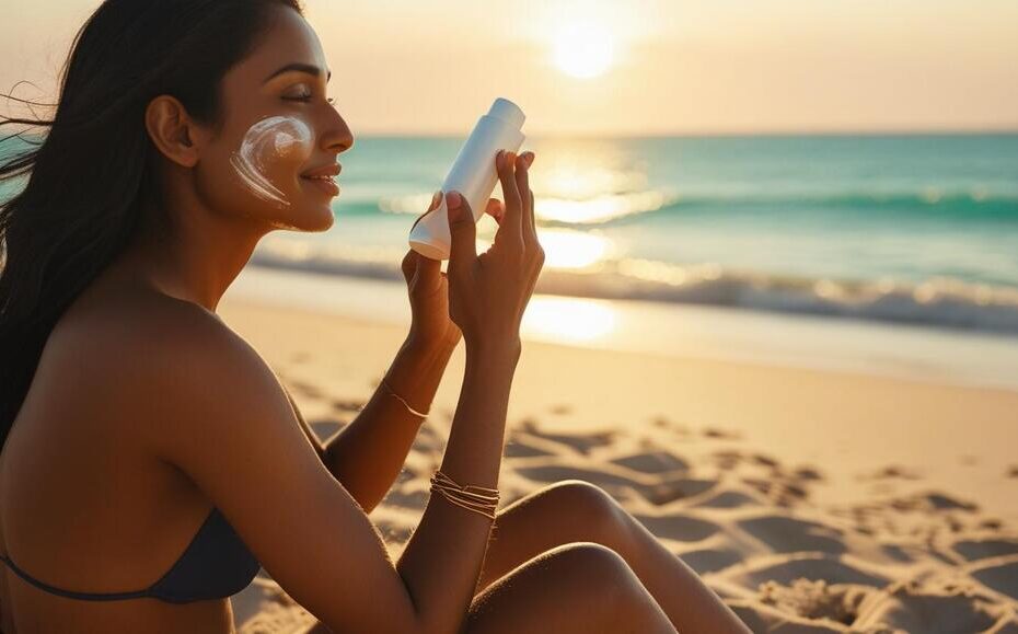 mulher na praia passando protetor solar físico